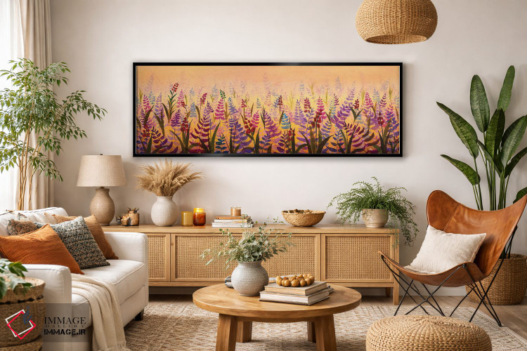 تابلو دکوراتیو نمای پانورامیک از مزرعه گل های لطیف شکوفا؛ گل وحشی بنفش اثر والری ریباکوف - D4B