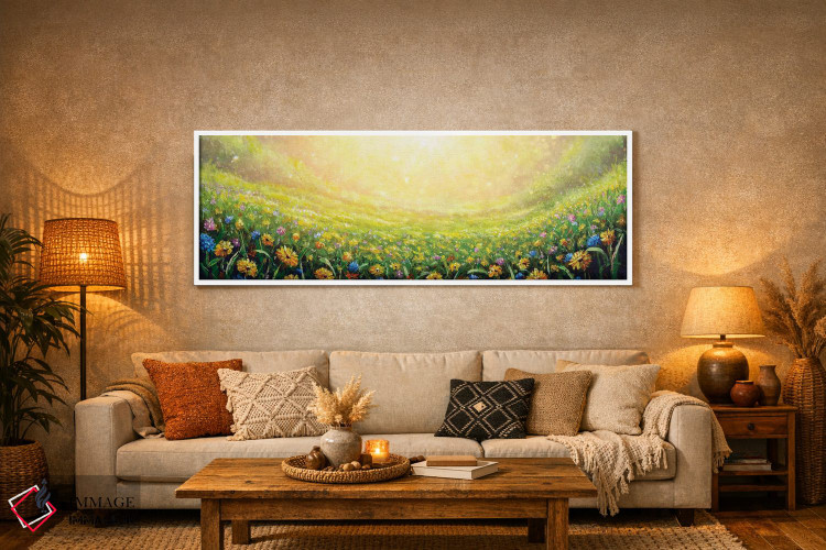 تابلو دکوراتیو بابونه های زرد و گل های وحشی آبی در میان چمن اثر والری ریباکوف - D5W