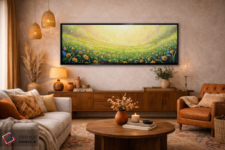 تابلو دکوراتیو بابونه های زرد و گل های وحشی آبی در میان چمن اثر والری ریباکوف - D6B