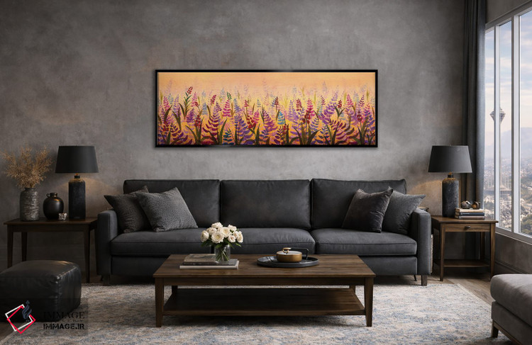 تابلو دکوراتیو نمای پانورامیک از مزرعه گل های لطیف شکوفا؛ گل وحشی بنفش اثر والری ریباکوف - D6B