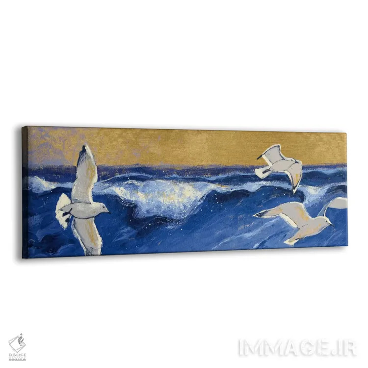 تابلو دکوراتیو مرغان دریایی با آسمان طلایی اثر شرلی نواک - نمای پرسپکتیو محصول