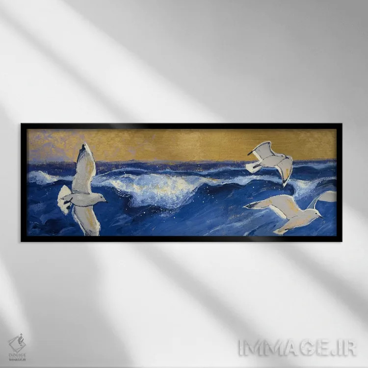 تابلو دکوراتیو مرغان دریایی با آسمان طلایی اثر شرلی نواک - نمای قابدار مشکی