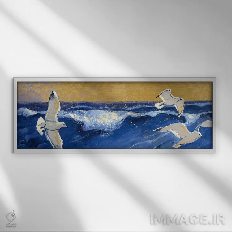 تابلو دکوراتیو مرغان دریایی با آسمان طلایی اثر شرلی نواک - نمای قابدار سفید