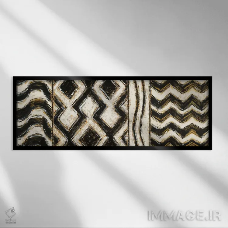 تابلو انتزاعی هندسه سیاه و طلایی VII اثر شرلی نواک - نمای قابدار مشکی