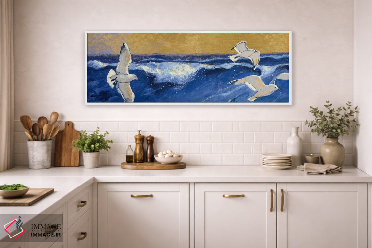 تابلو دکوراتیو مرغان دریایی با آسمان طلایی اثر شرلی نواک - D1W