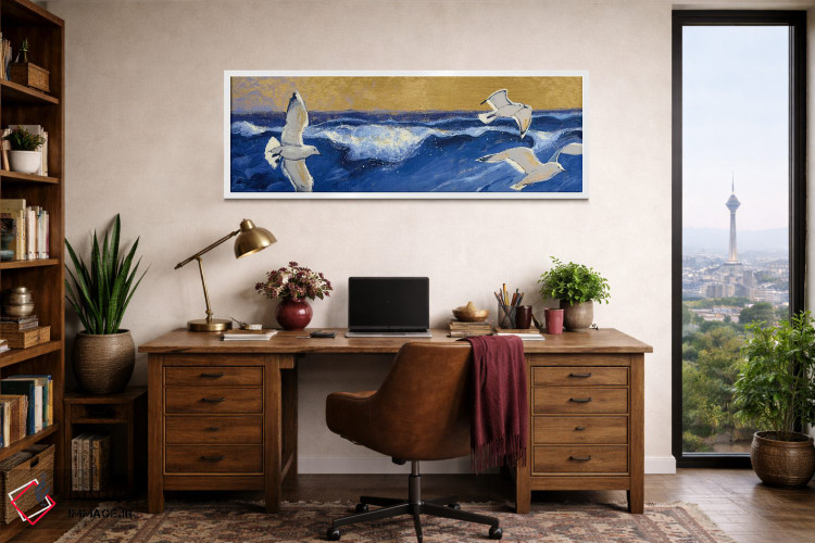 تابلو دکوراتیو مرغان دریایی با آسمان طلایی اثر شرلی نواک - D2W