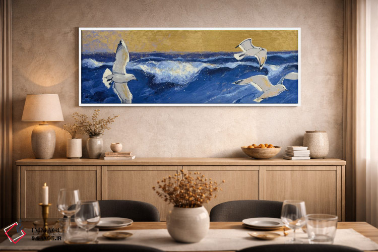 تابلو دکوراتیو مرغان دریایی با آسمان طلایی اثر شرلی نواک - D3W