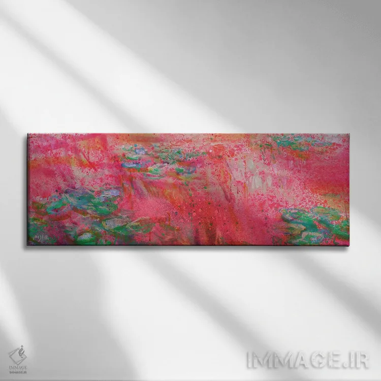 تابلو انتزاعی پانورامای ژیورنی در قرمز فلوئورسنت اثر وین اسلیت - نمای روبهرو روی دیوار