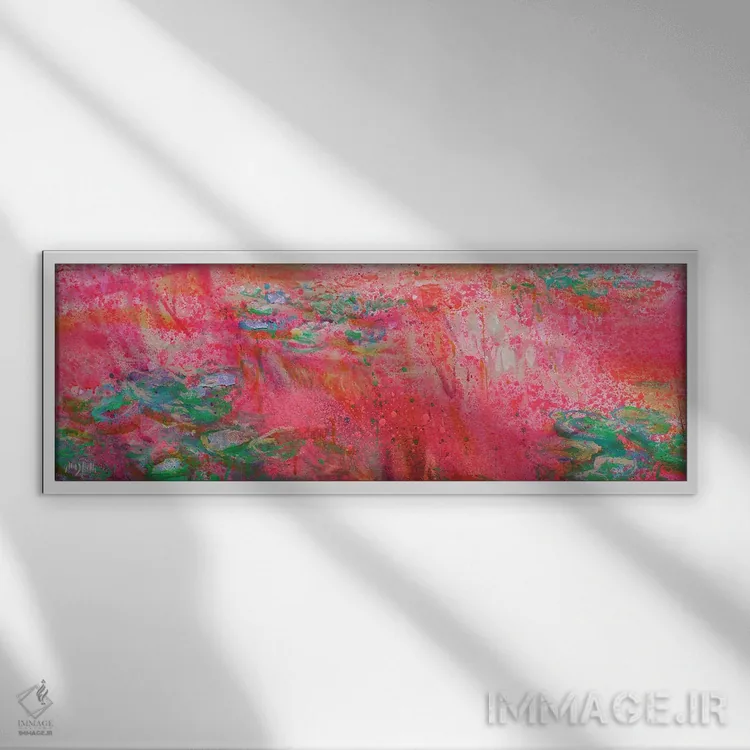 تابلو انتزاعی پانورامای ژیورنی در قرمز فلوئورسنت اثر وین اسلیت - نمای قابدار سفید