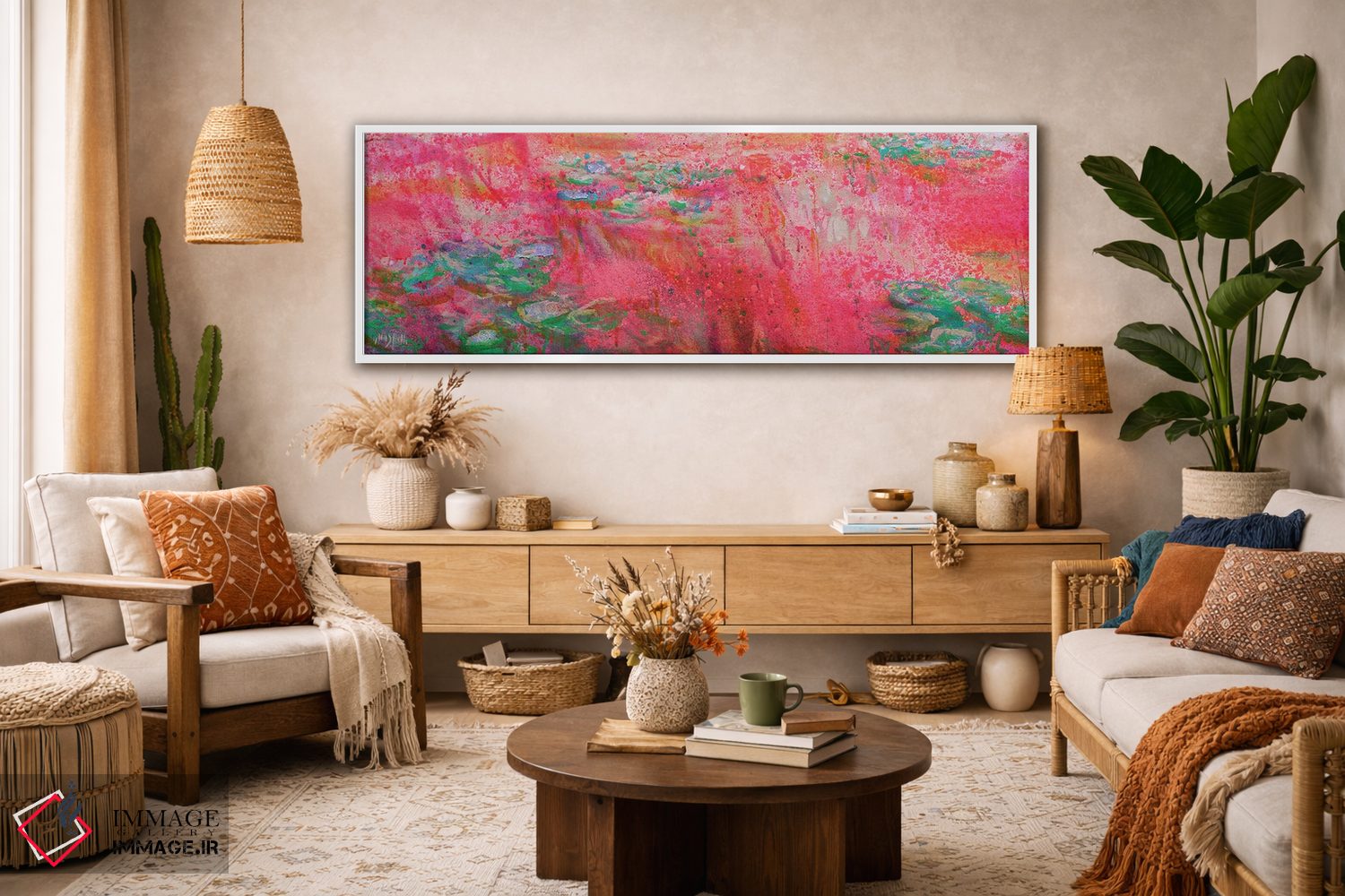 تابلو انتزاعی پانورامای ژیورنی در قرمز فلوئورسنت اثر وین اسلیت - D3W