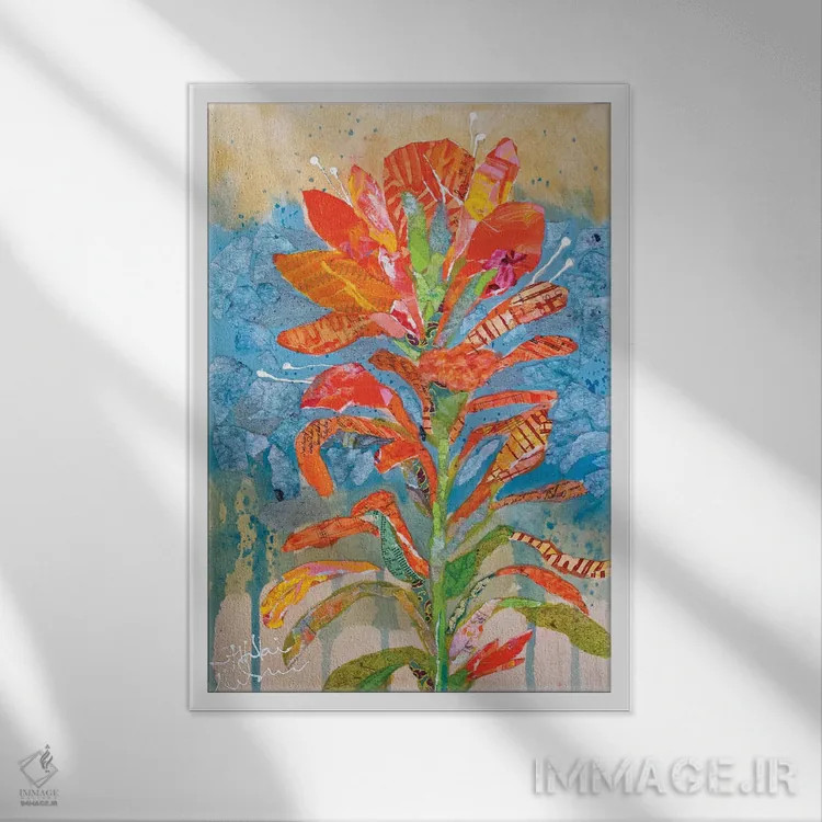 تابلو دکوراتیو کلاژ گل هندی ۱ اثر الیزابت سن هیلر - نمای قابدار سفید