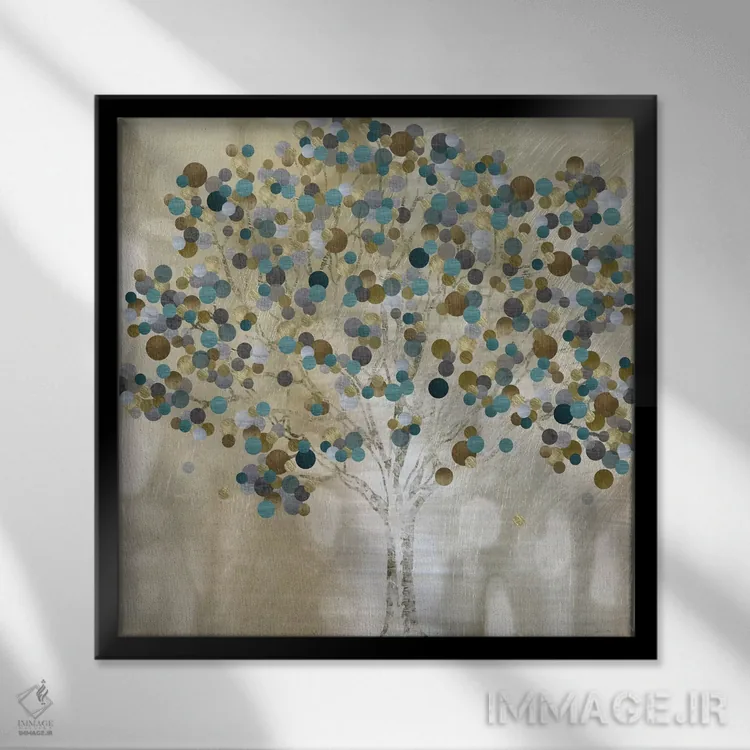 تابلو مدرن درخت فیروزه ای اثر کاترینا کراون - نمای قابدار مشکی