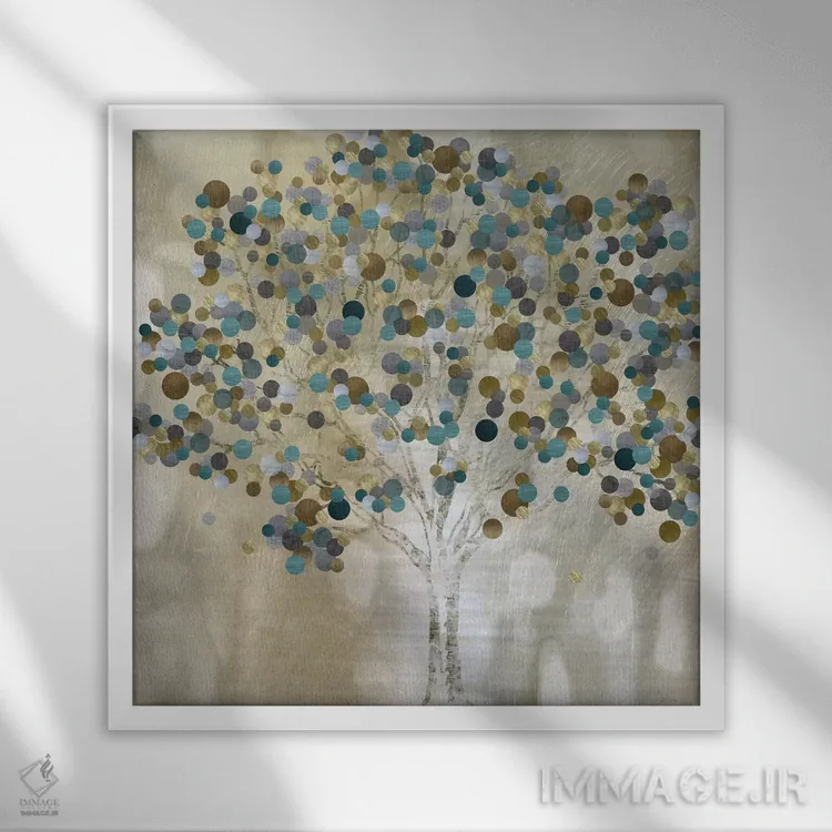 تابلو مدرن درخت فیروزه ای اثر کاترینا کراون - نمای قابدار سفید
