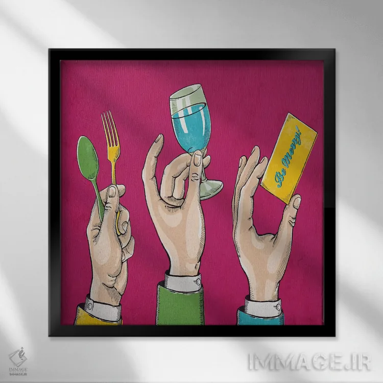 تابلو دکوراتیو بخور، بنوش و شاد باش اثر استر کی - نمای قابدار مشکی