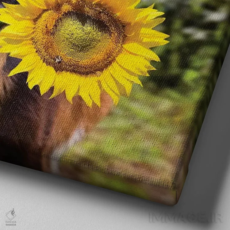 تابلو دکوراتیو بز در میان گل های آفتابگردان اثر کارن بورک - نمای نزدیک بافت بوم