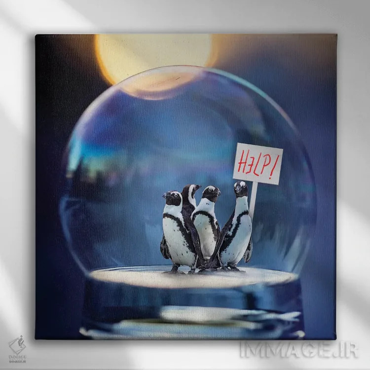 تابلو دکوراتیو پنگوئن ها کمک می کنند اثر کارن بورک - نمای روبهرو روی دیوار