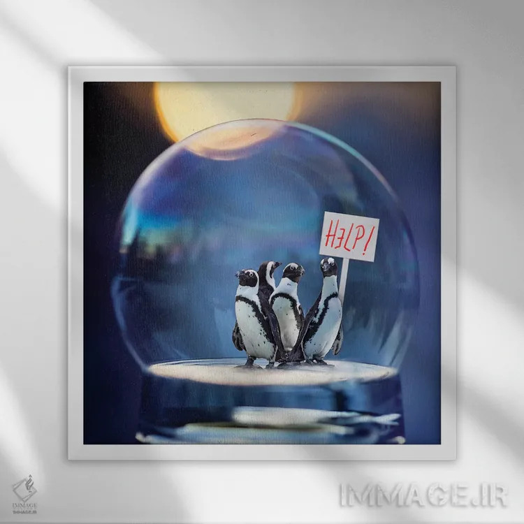 تابلو دکوراتیو پنگوئن ها کمک می کنند اثر کارن بورک - نمای قابدار سفید