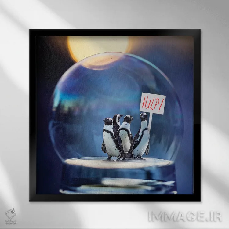 تابلو دکوراتیو پنگوئن ها کمک می کنند اثر کارن بورک - نمای قابدار مشکی