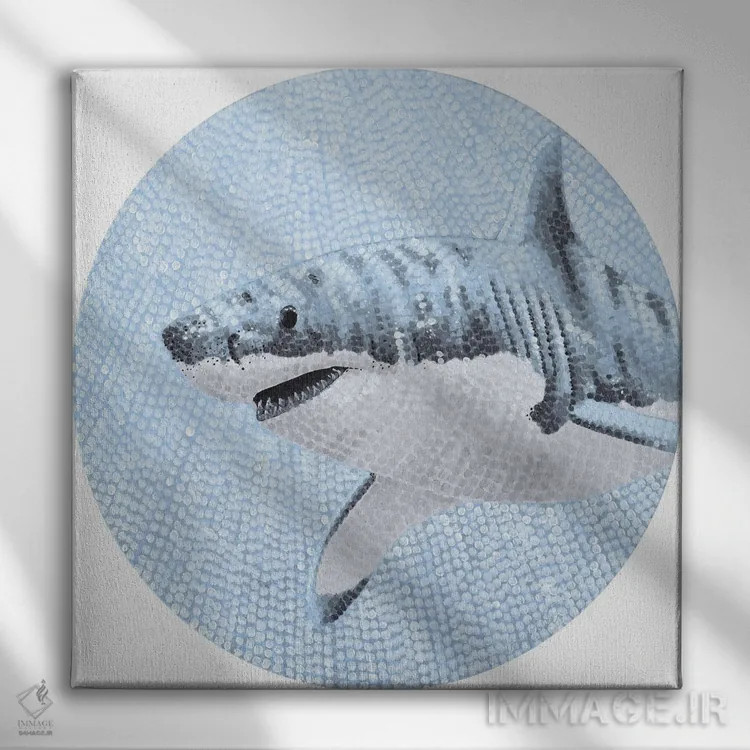 تابلو دکوراتیو کوسه سفید بزرگ در اقیانوس پرستاره اثر کلسی امبلو - نمای روبهرو روی دیوار