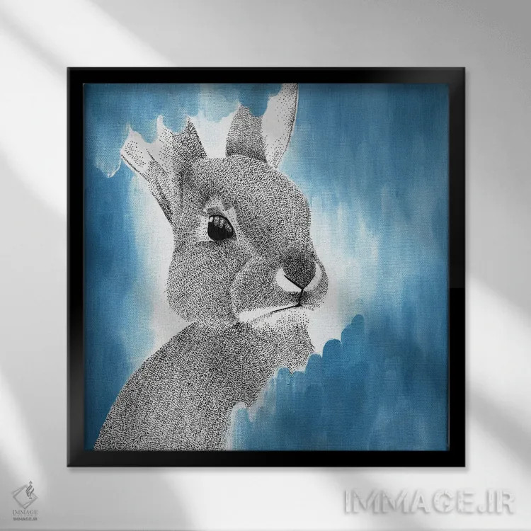 تابلو دکوراتیو خرگوش آبی خیال انگیز اثر کلسی امبلو - نمای قابدار مشکی