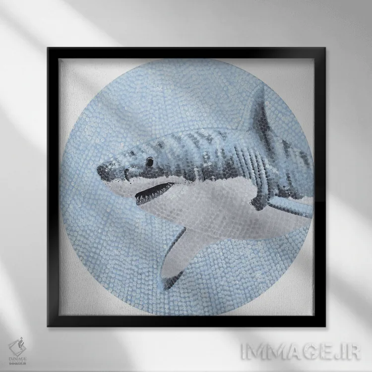 تابلو دکوراتیو کوسه سفید بزرگ در اقیانوس پرستاره اثر کلسی امبلو - نمای قابدار مشکی