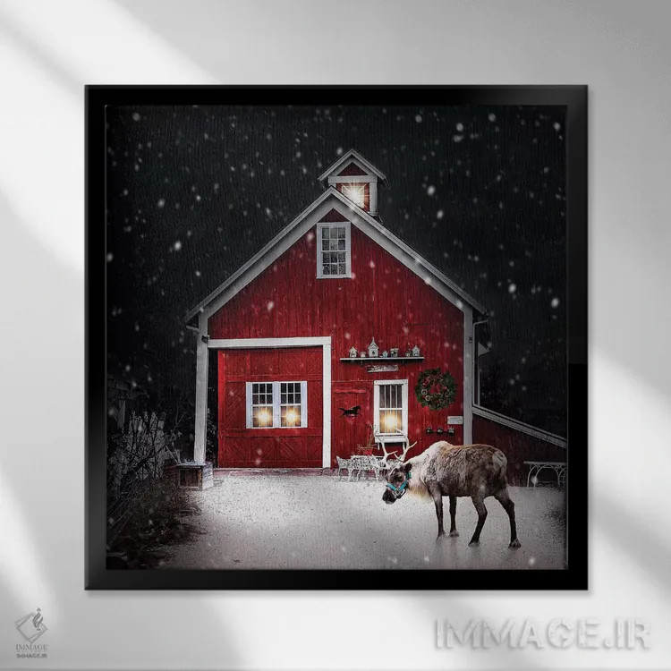 تابلو دکوراتیو گوزن شمالی شب زمستانی اثر کارن بورک - نمای قابدار مشکی