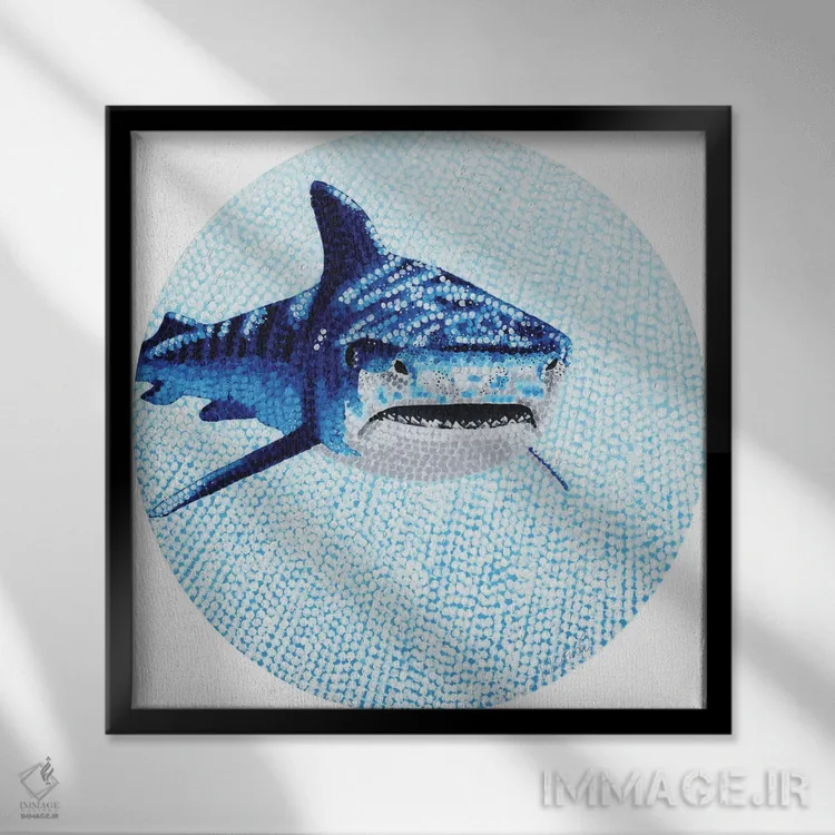 تابلو دکوراتیو کوسه ببری اقیانوس ستاره ای اثر کلسی امبلو - نمای قابدار مشکی