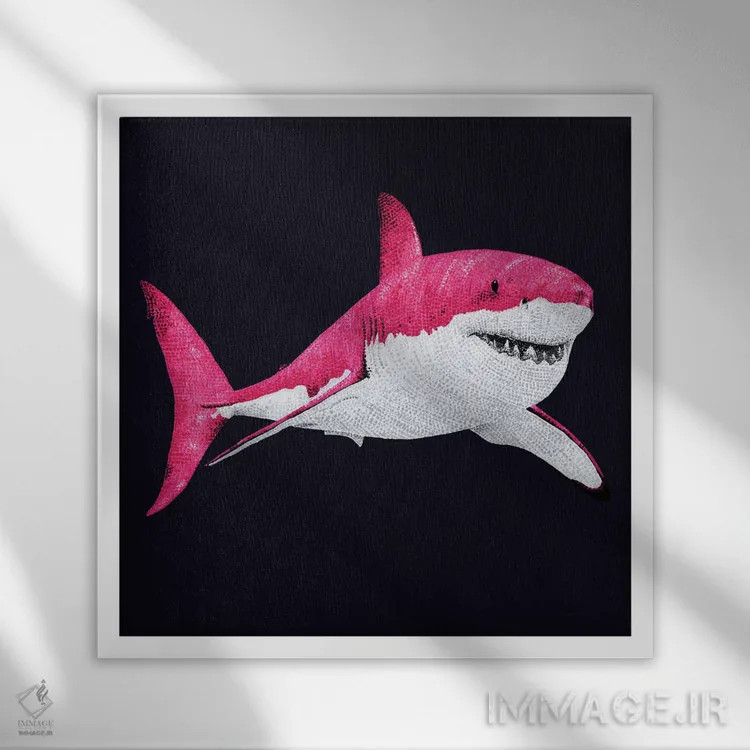 تابلو دکوراتیو کوسه صورتی ترین صورتی اثر کلسی امبلو - نمای قابدار سفید