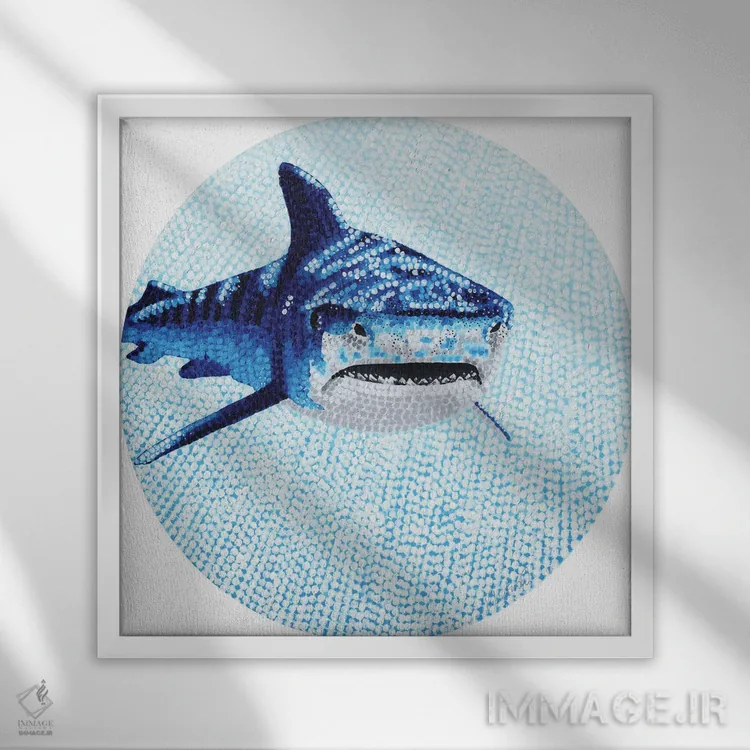 تابلو دکوراتیو کوسه ببری اقیانوس ستاره ای اثر کلسی امبلو - نمای قابدار سفید