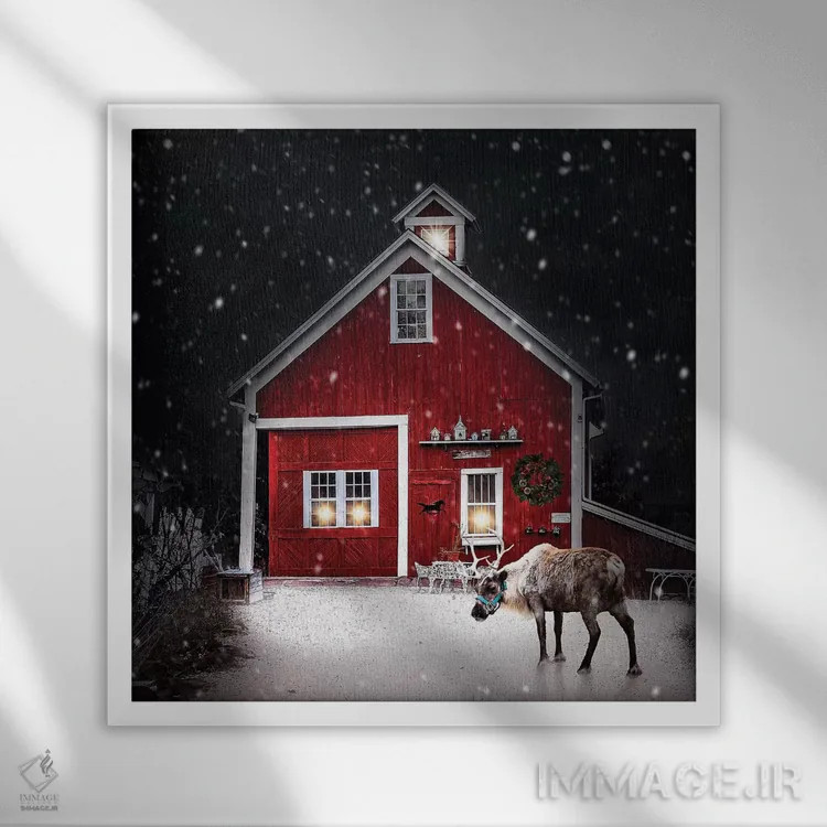 تابلو دکوراتیو گوزن شمالی شب زمستانی اثر کارن بورک - نمای قابدار سفید