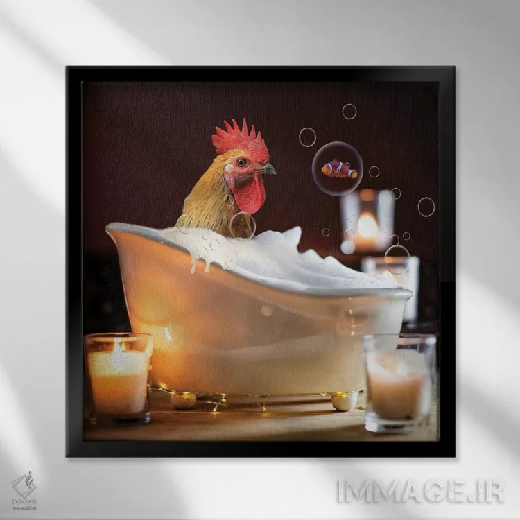 تابلو دکوراتیو خروس در وان کف اثر کارن بورک - نمای قابدار مشکی