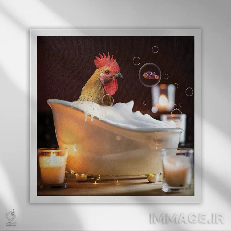 تابلو دکوراتیو خروس در وان کف اثر کارن بورک - نمای قابدار سفید