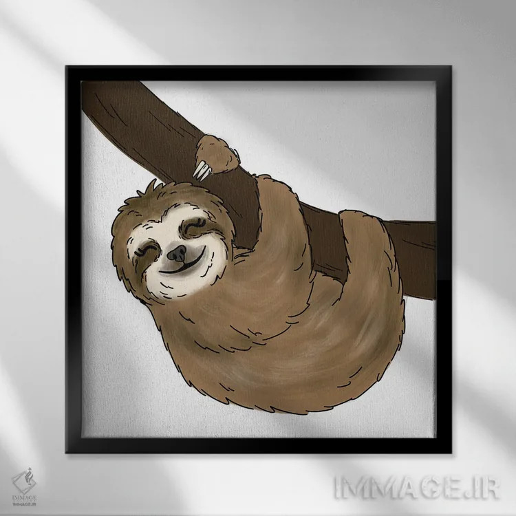 تابلو دکوراتیو تنبل درختی اثر کیتی برایانت - نمای قابدار مشکی