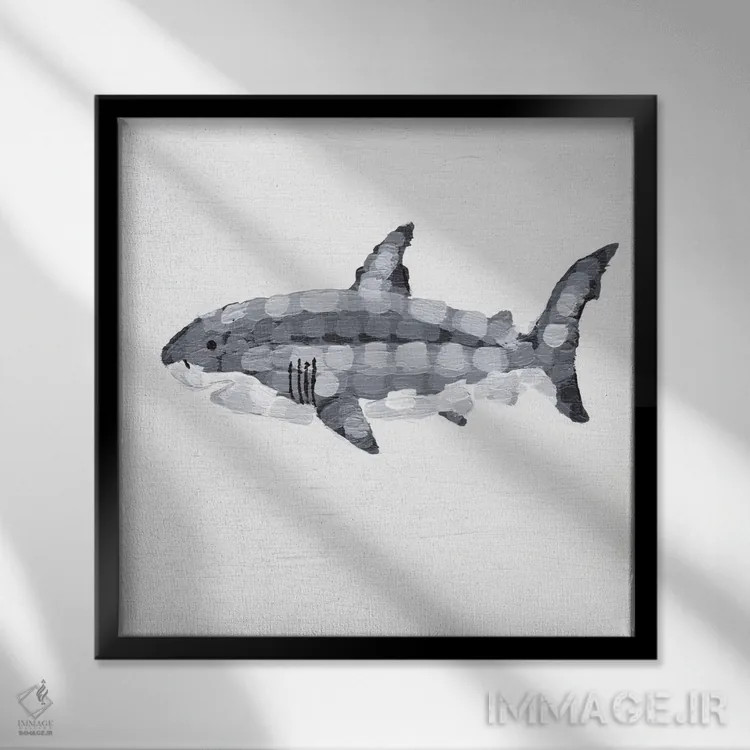 تابلو دکوراتیو کوسه سفید بزرگ قدرت خاموش اثر کلسی امبلو - نمای قابدار مشکی