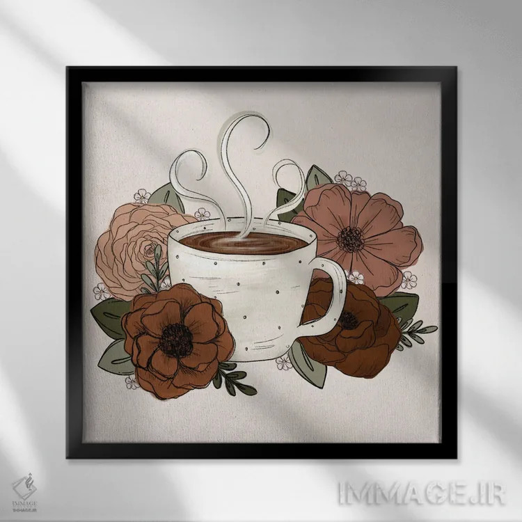 تابلو دکوراتیو گل های قهوه و چای اثر کیتی برایانت - نمای قابدار مشکی