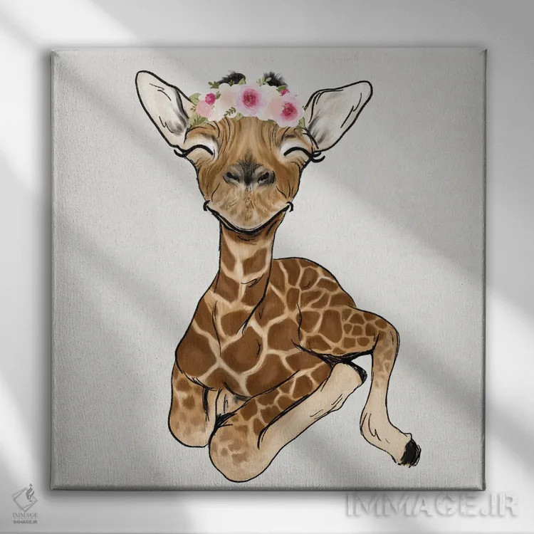 تابلو دکوراتیو زرافه نوزاد با تاج گل اثر کیتی برایانت - نمای روبهرو روی دیوار