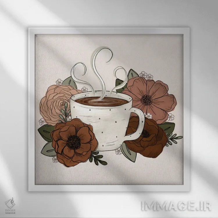 تابلو دکوراتیو گل های قهوه و چای اثر کیتی برایانت - نمای قابدار سفید