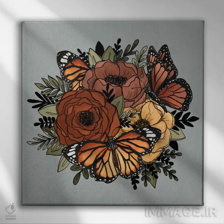 تابلو دکوراتیو گل های پروانه ای نارنجی اثر کیتی برایانت - نمای روبهرو روی دیوار
