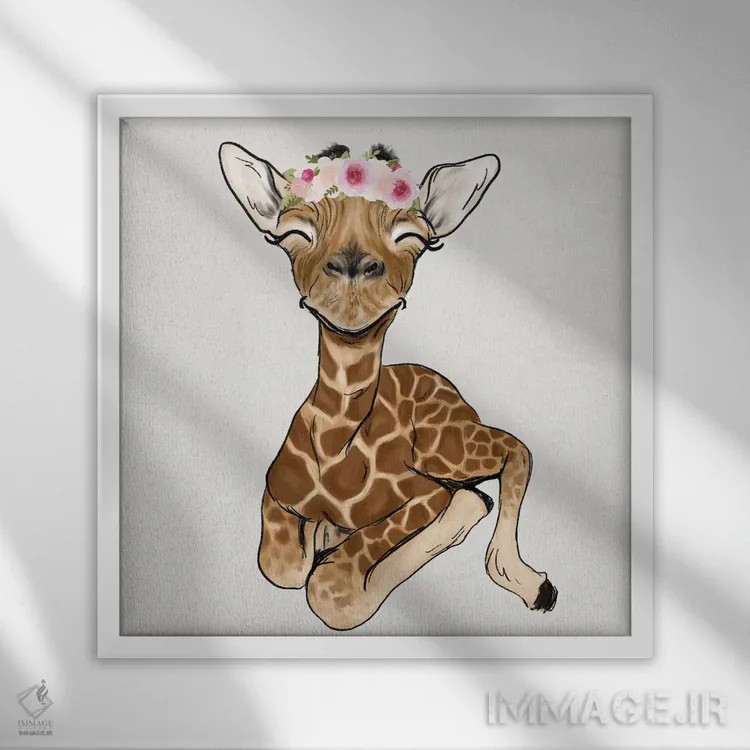 تابلو دکوراتیو زرافه نوزاد با تاج گل اثر کیتی برایانت - نمای قابدار سفید