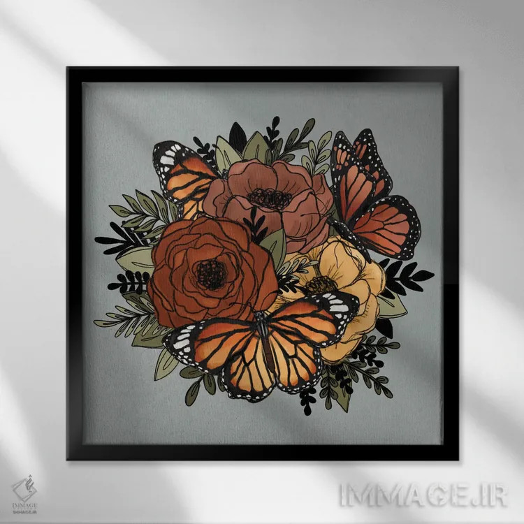 تابلو دکوراتیو گل های پروانه ای نارنجی اثر کیتی برایانت - نمای قابدار مشکی