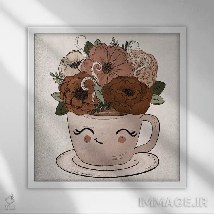 تابلو دکوراتیو فنجان کوچک قهوه یا چای اثر کیتی برایانت - نمای قابدار سفید