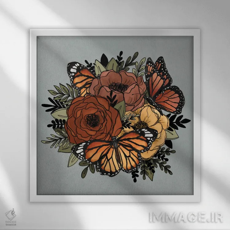 تابلو دکوراتیو گل های پروانه ای نارنجی اثر کیتی برایانت - نمای قابدار سفید