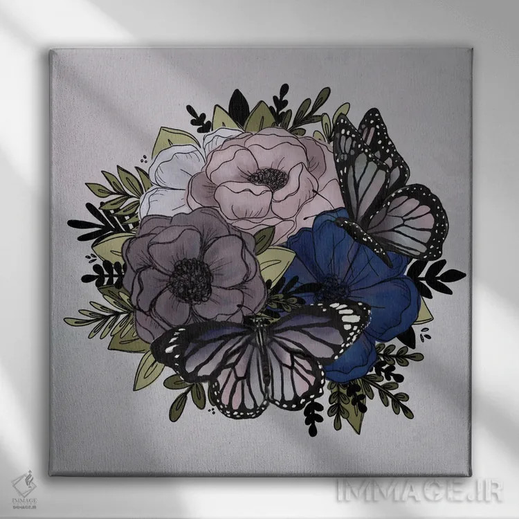 تابلو دکوراتیو گل های پروانه ای بنفش اثر کیتی برایانت - نمای روبهرو روی دیوار