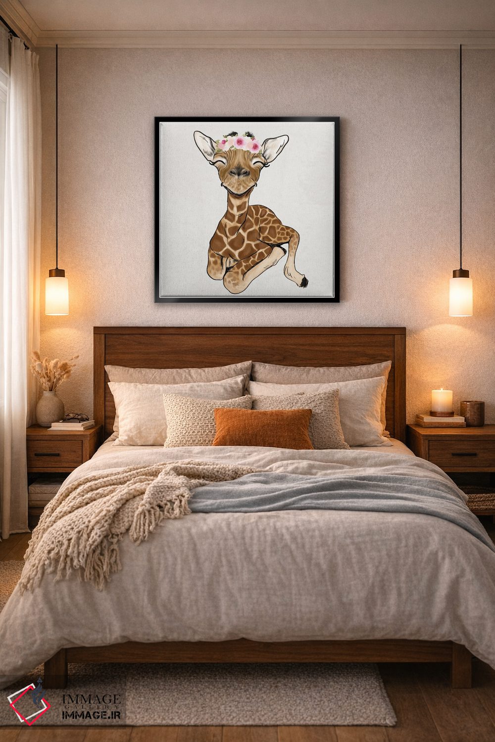 تابلو دکوراتیو زرافه نوزاد با تاج گل اثر کیتی برایانت - D5B