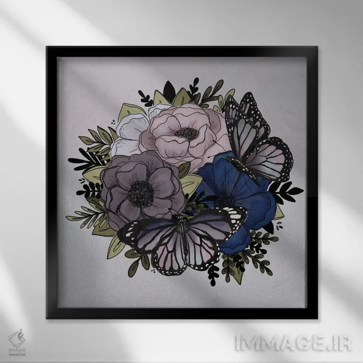 تابلو دکوراتیو گل های پروانه ای بنفش اثر کیتی برایانت - نمای قابدار مشکی