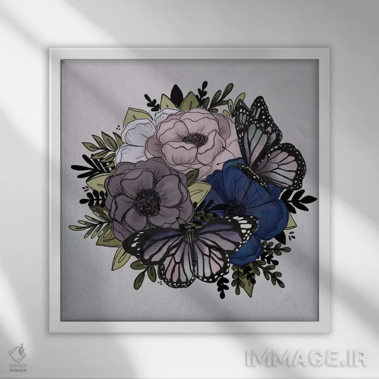 تابلو دکوراتیو گل های پروانه ای بنفش اثر کیتی برایانت - نمای قابدار سفید