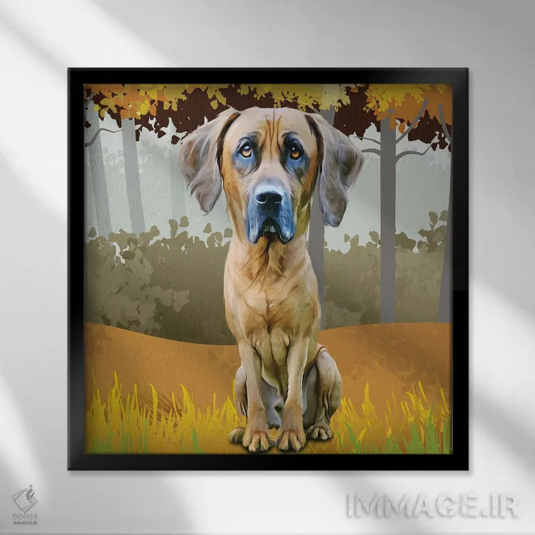 تابلو دکوراتیو سگ شکاری در جنگل اثر کیم کورینگا - نمای قابدار مشکی