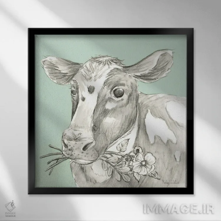 تابلو مدرن رنگ مزرعه آبرنگی II - گاو اثر کلسی ویلسون - نمای قابدار مشکی