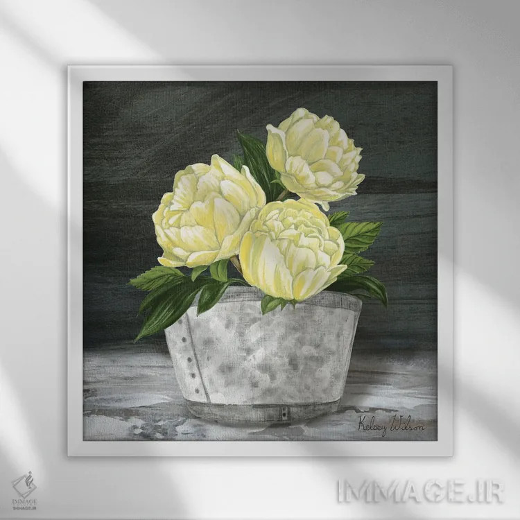 تابلو مدرن مربع باغ روستایی - صدتومانی ها اثر کلسی ویلسون - نمای قابدار سفید