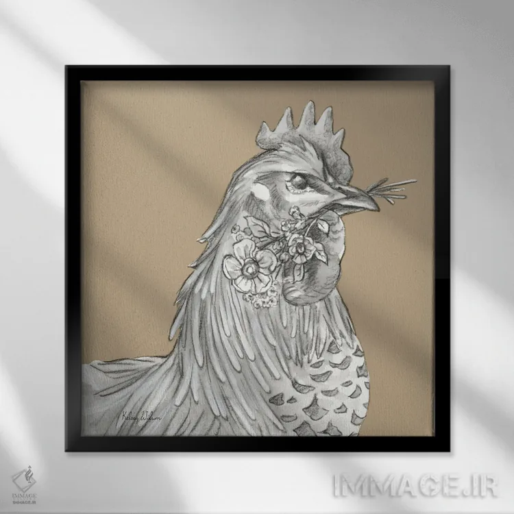 تابلو مدرن رنگ مزرعه آبرنگی VI - خروس اثر کلسی ویلسون - نمای قابدار مشکی